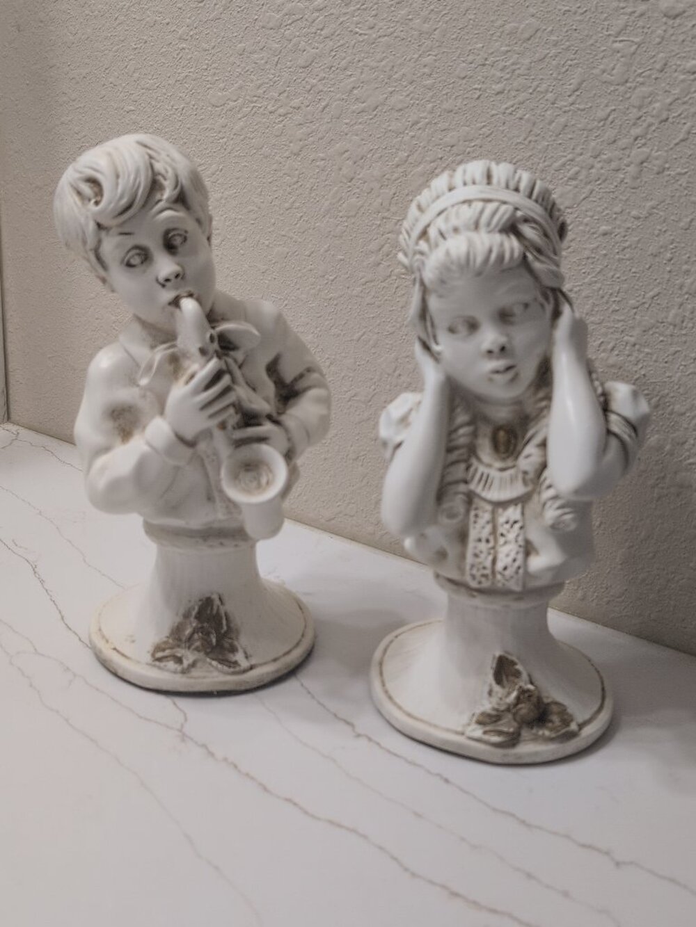 Boy Playing Saxophone & Girl Covering Ears 1971 Vintage Figurines Music Busts